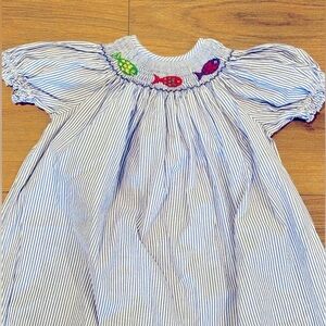 Silly Goose Girls 6 Blue and White Pinstriped Smocked Fish Long Dress